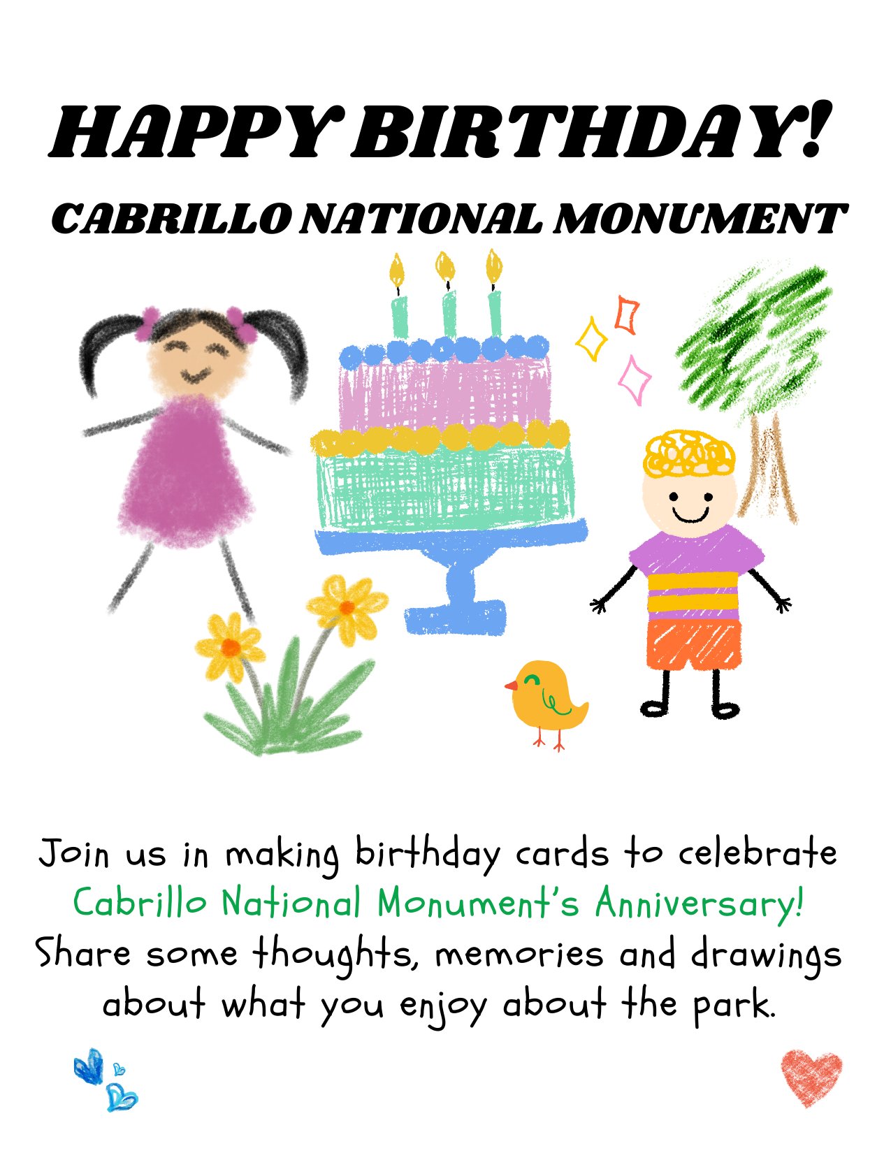 Happy Birthday Cabrillo National Monument activity card with children’s drawings