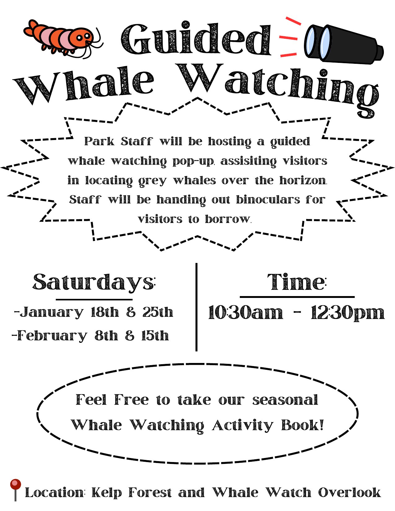 Guided Whale Watching flyer with dates, times and overlook location